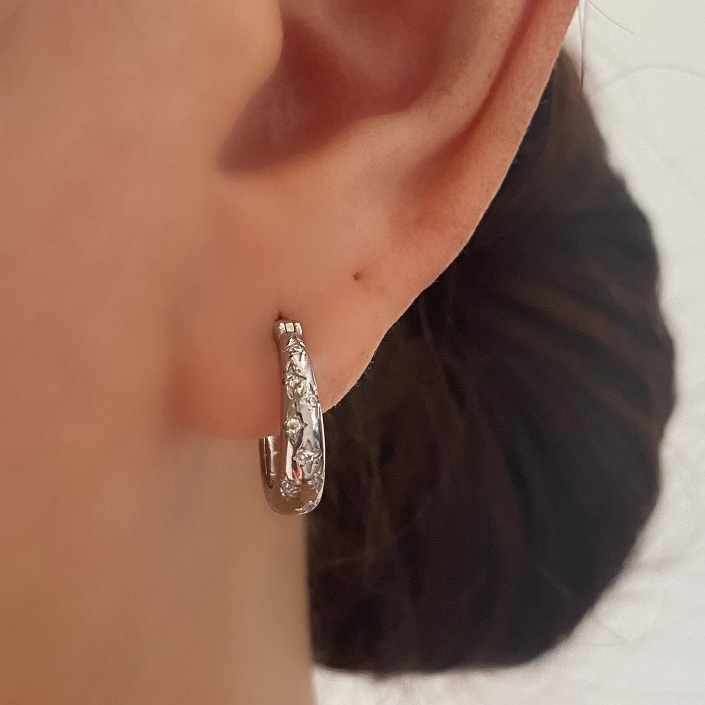 Inlaid Star Silver Huggie Hoop Earrings