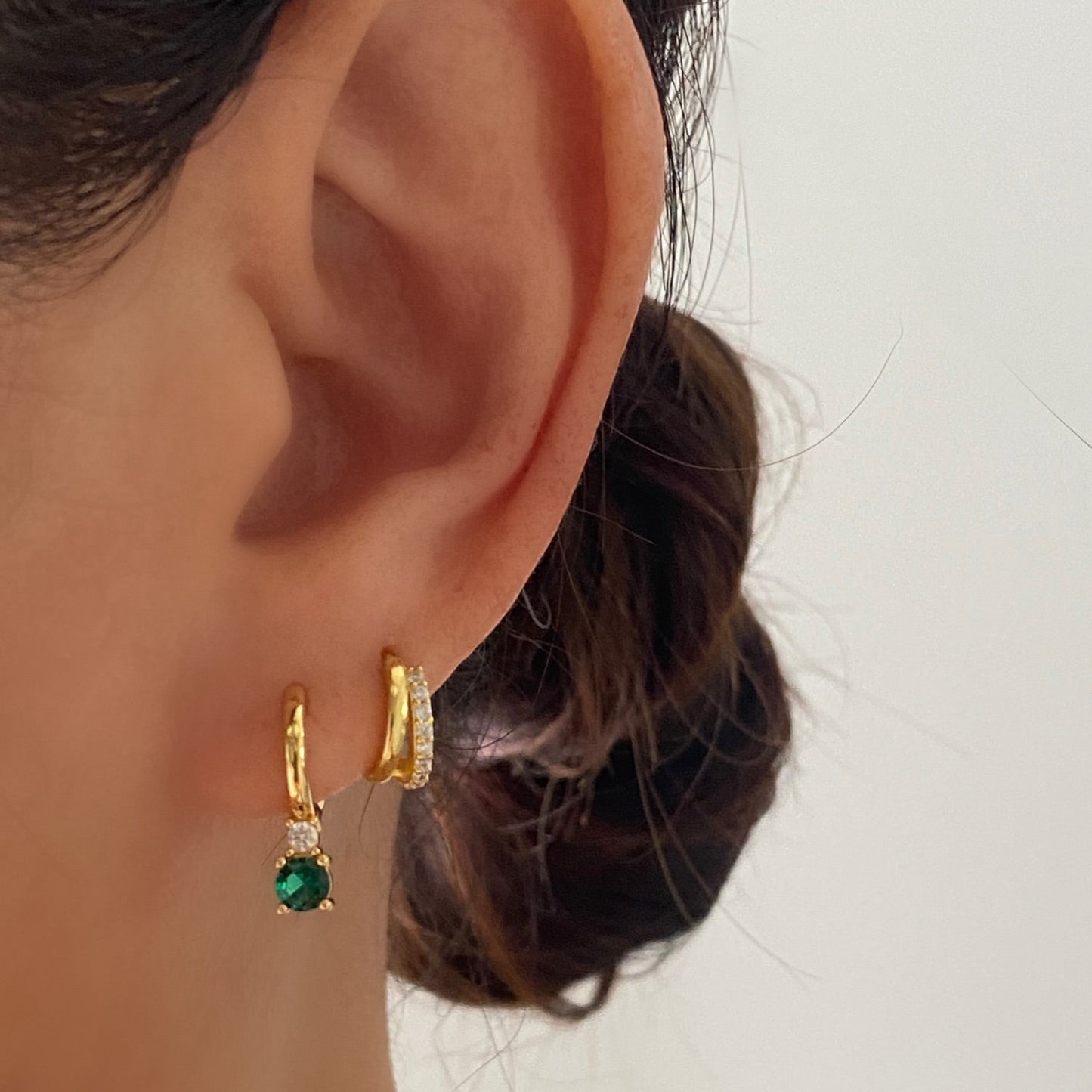 Gold Huggie Hoop Earring- Green