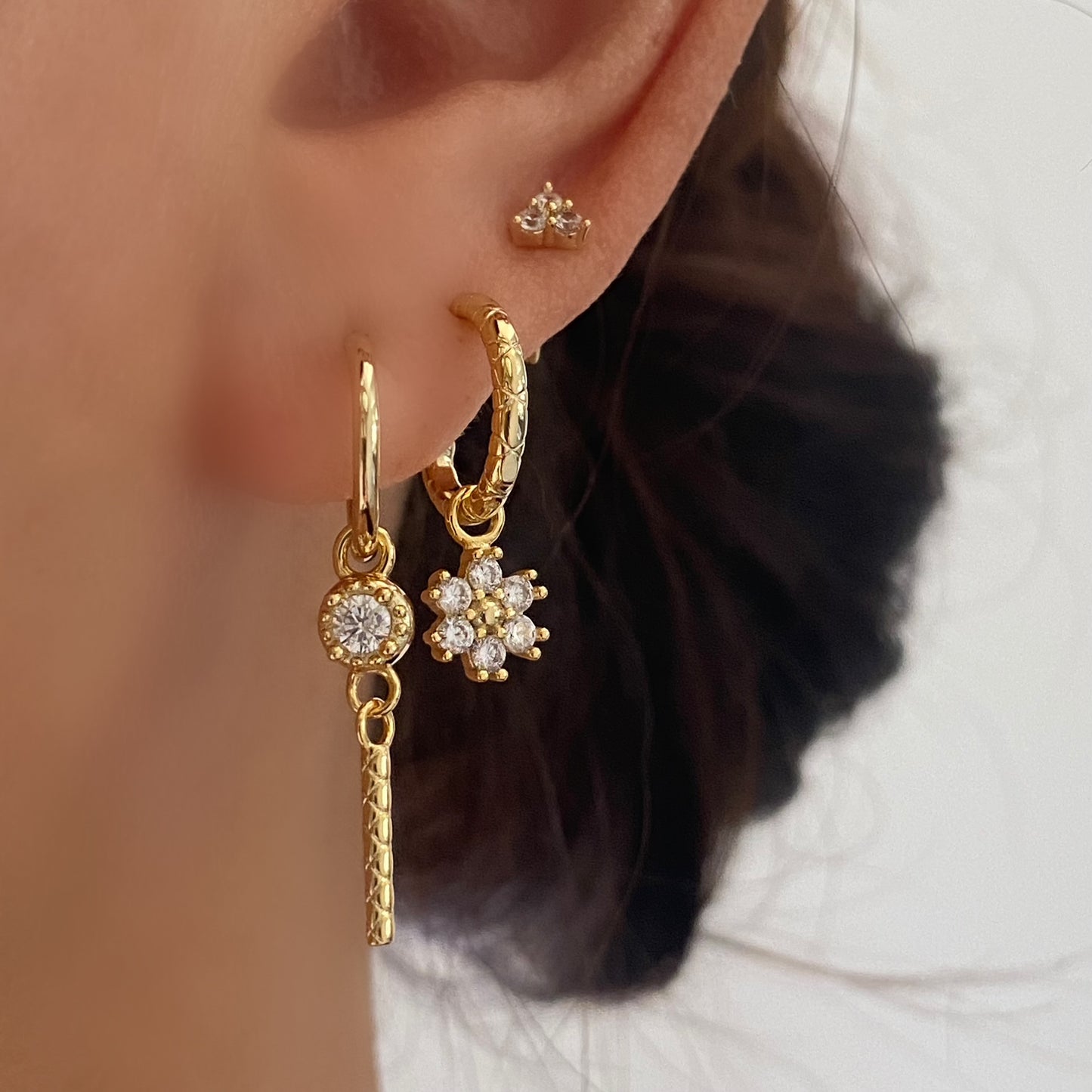 Flower Dangly Ear Stack Set, 925 Sterling Silver 3 pieces Gold Earring Set