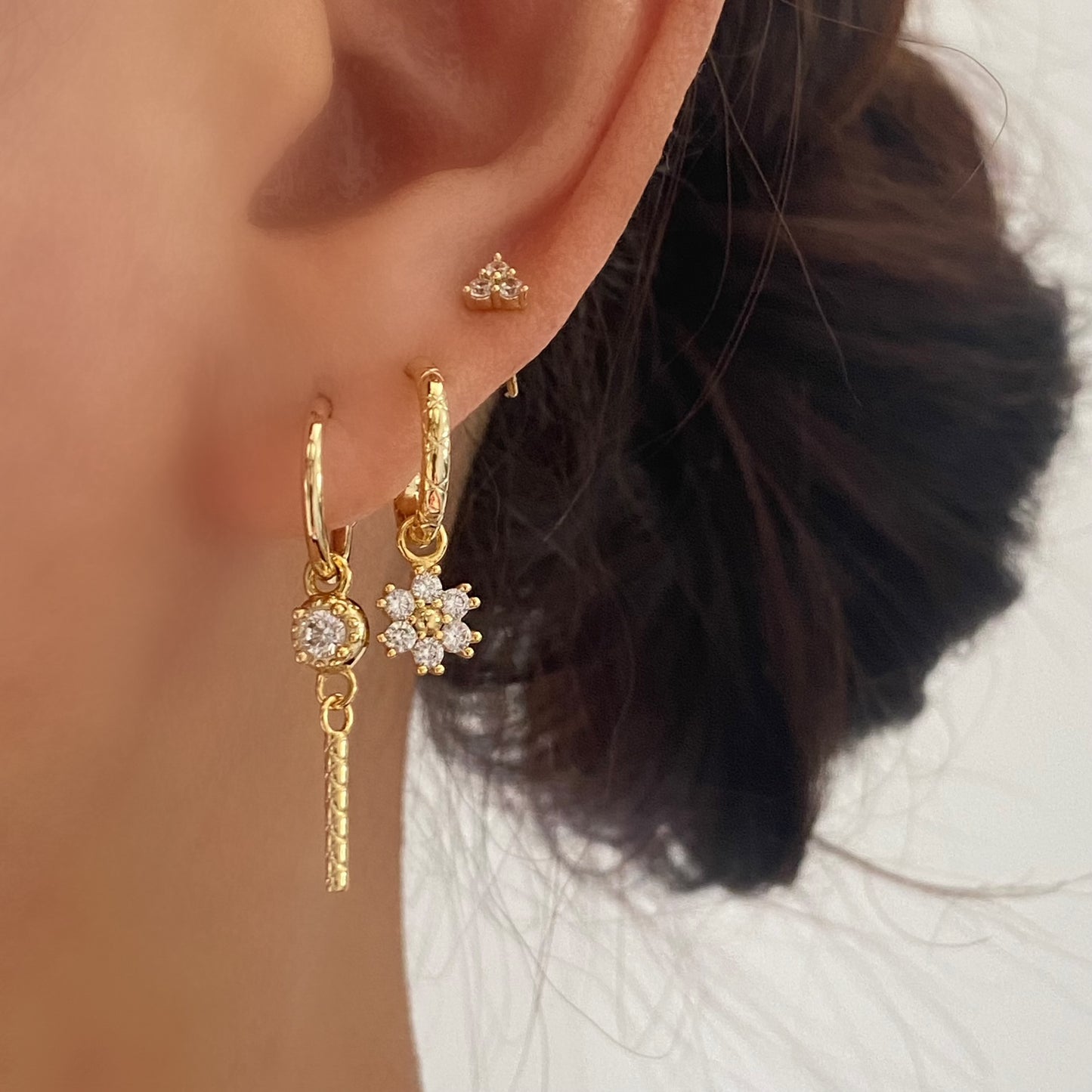 Flower Dangly Ear Stack Set, 925 Sterling Silver 3 pieces Gold Earring Set