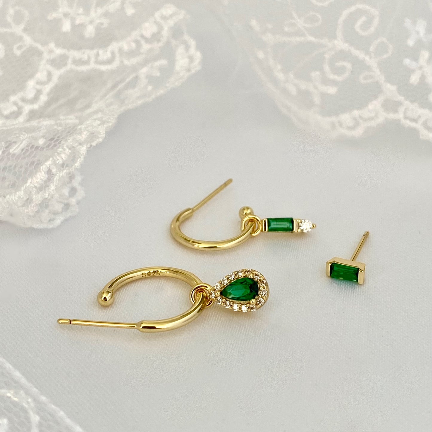 Green Dangly Ear Stack Set, 925 Sterling Silver 3 pieces Gold Earring Set