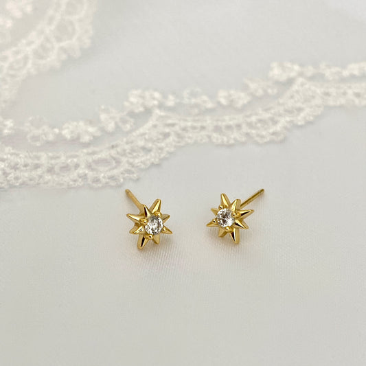 925 Sterling Silver Starburst Gold Stud Earrings