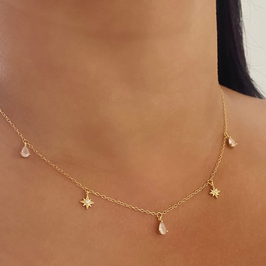 Pink Moonstone Celestial Charm Gold Necklace