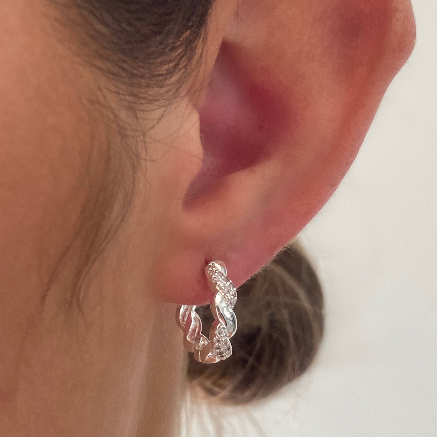 Twist CZ Pave Silver Hoop Earrings