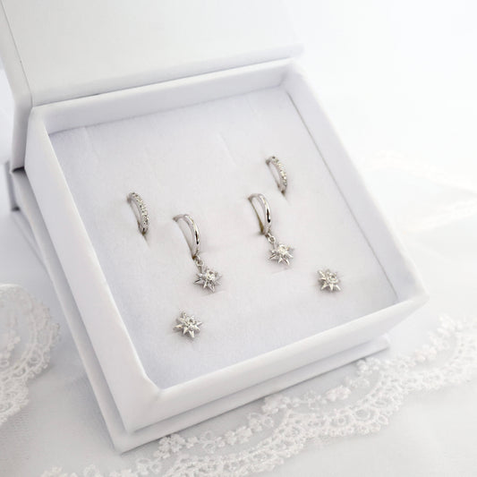 SILVER Star cz Dangle Earring Set