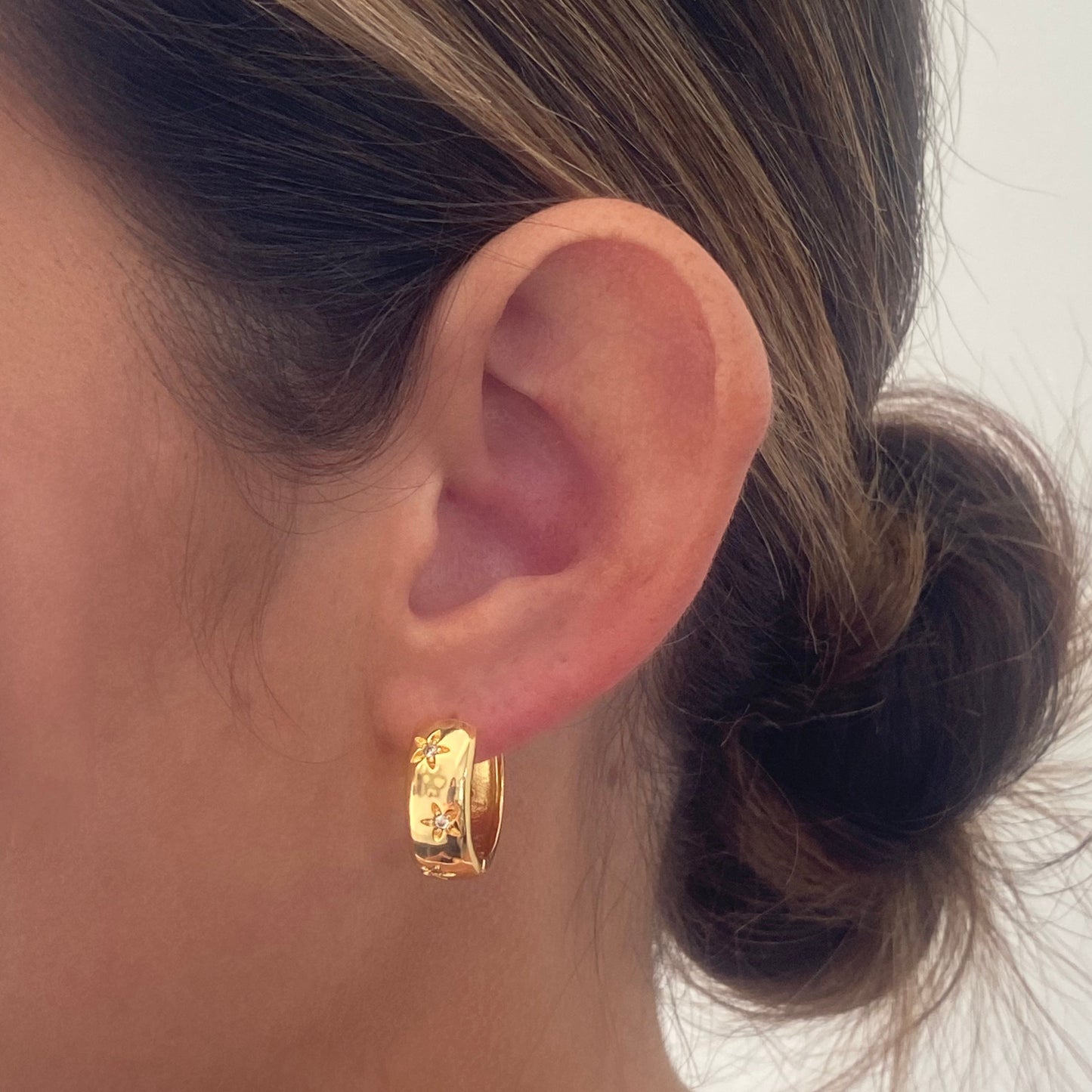 Wide Band Star Gold Hoop Earrings