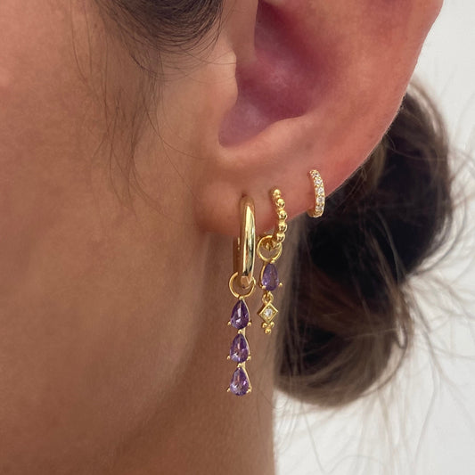 Purple 3 Teardrop Dangle Gold earring Stacks