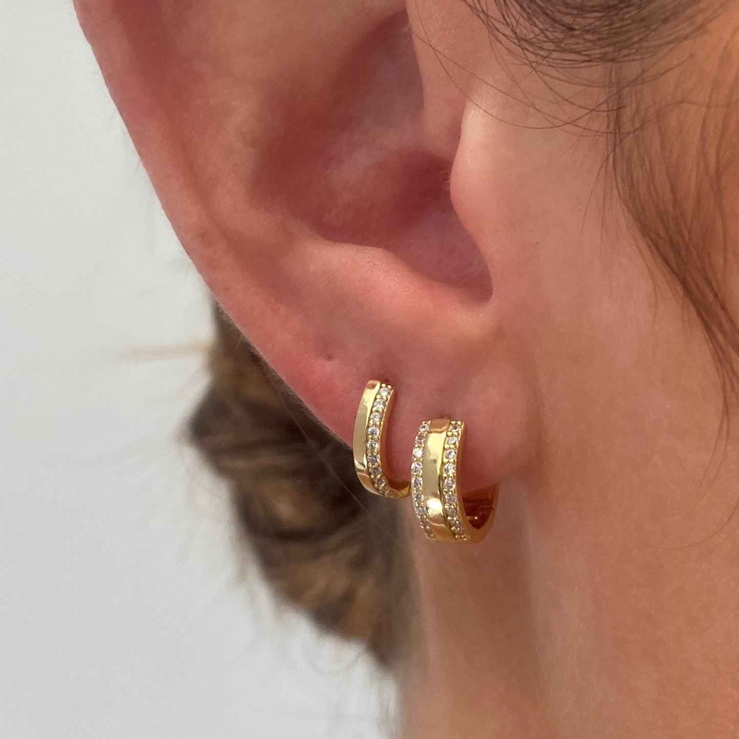 4mm Gold Hoop 2 Side Pave Earrings