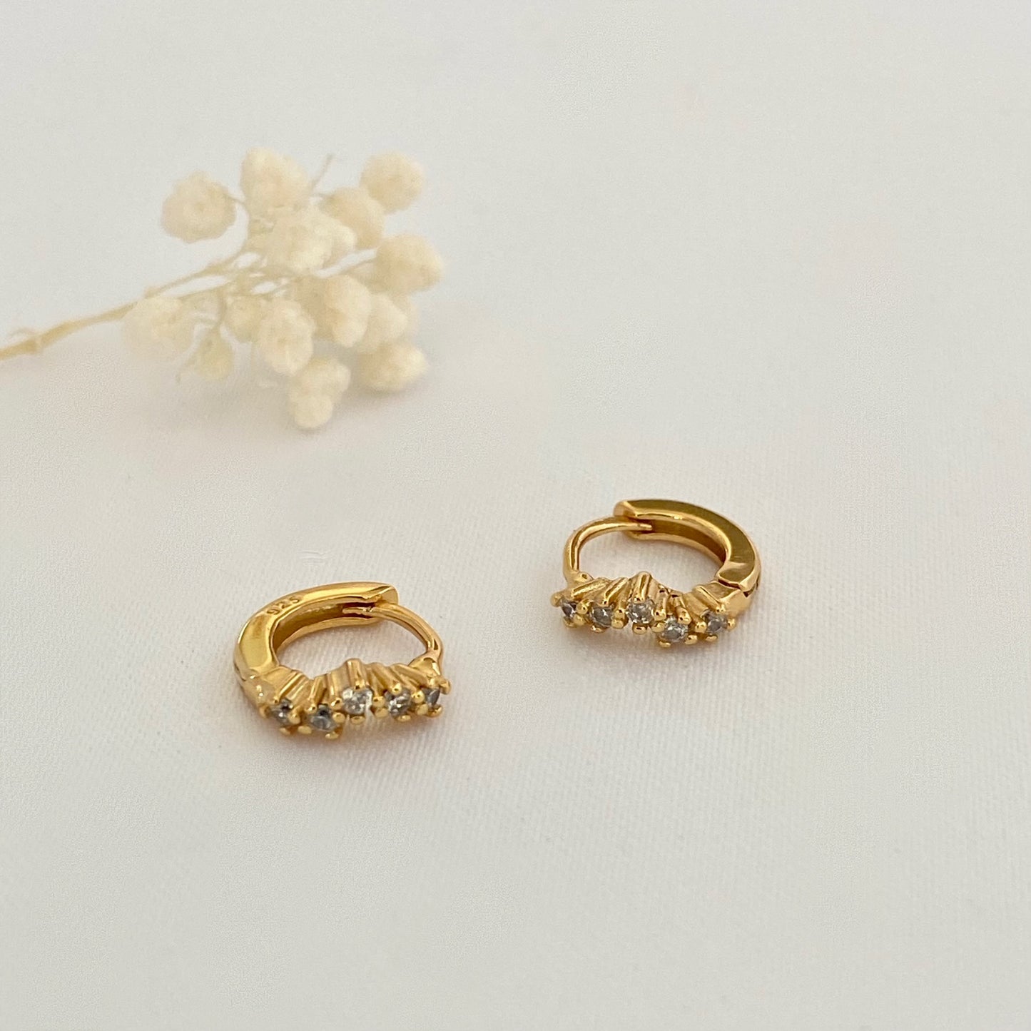 925 Sterling Silver Huggie Hoop Gold Earrings Flower Crown CZ Small
