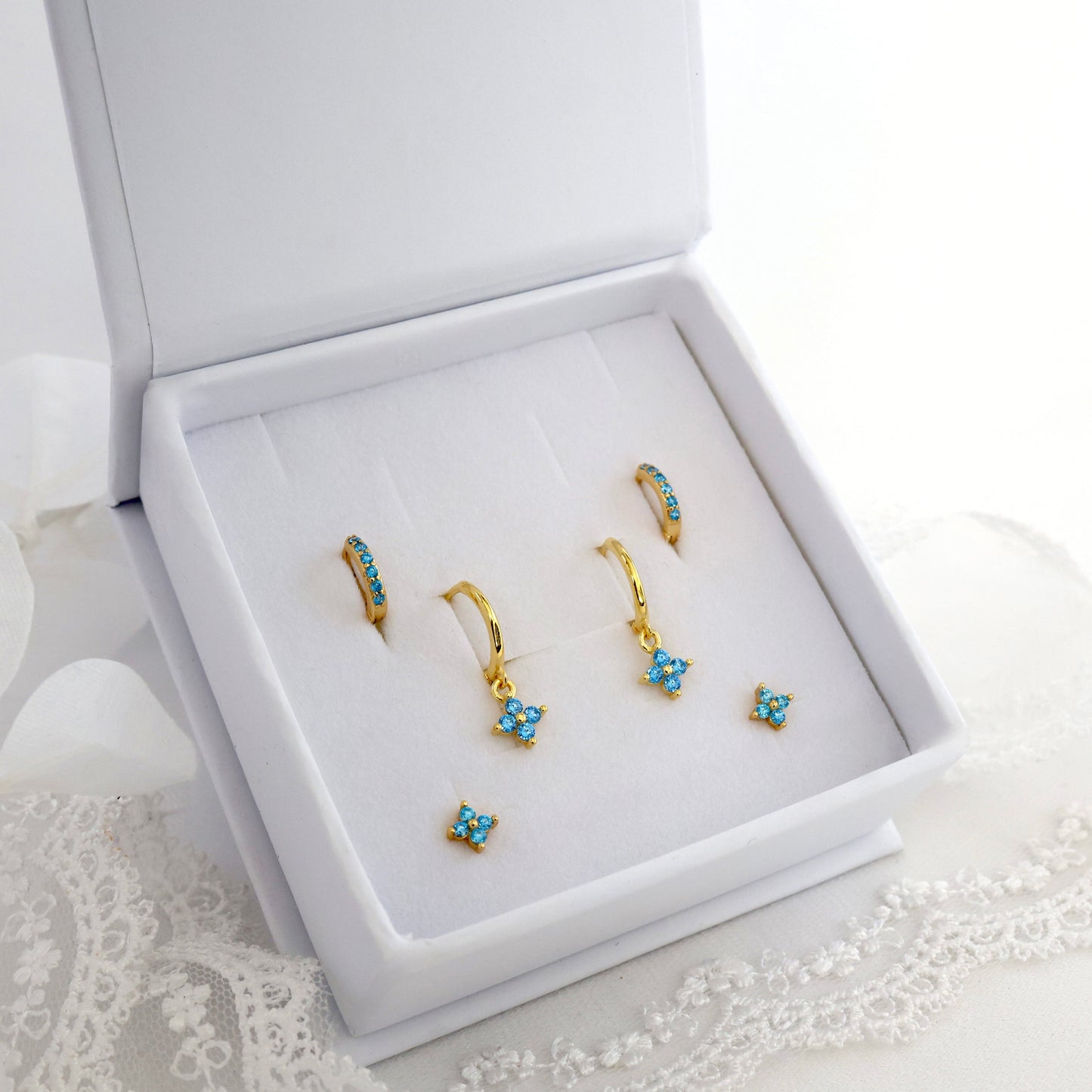 4 Clover Blue Dangle Earrings GOLD 3 Pair Gift Set