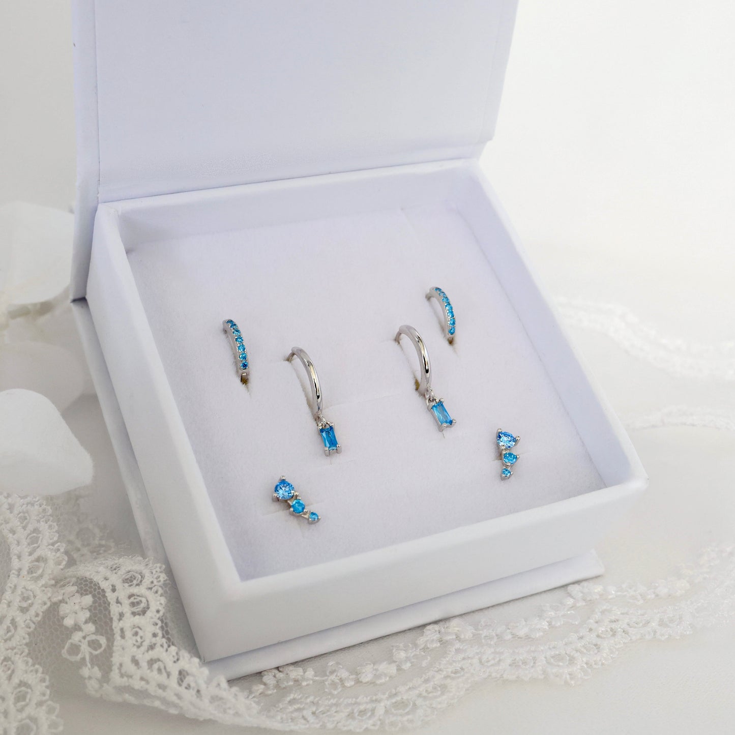 Megan Blue Dangle SILVER Earrings 3 Pair Set