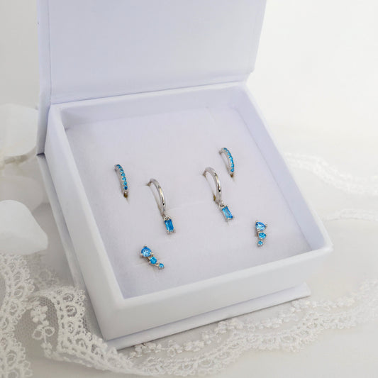 Megan Blue Dangle SILVER Earrings 3 Pair Gift Set