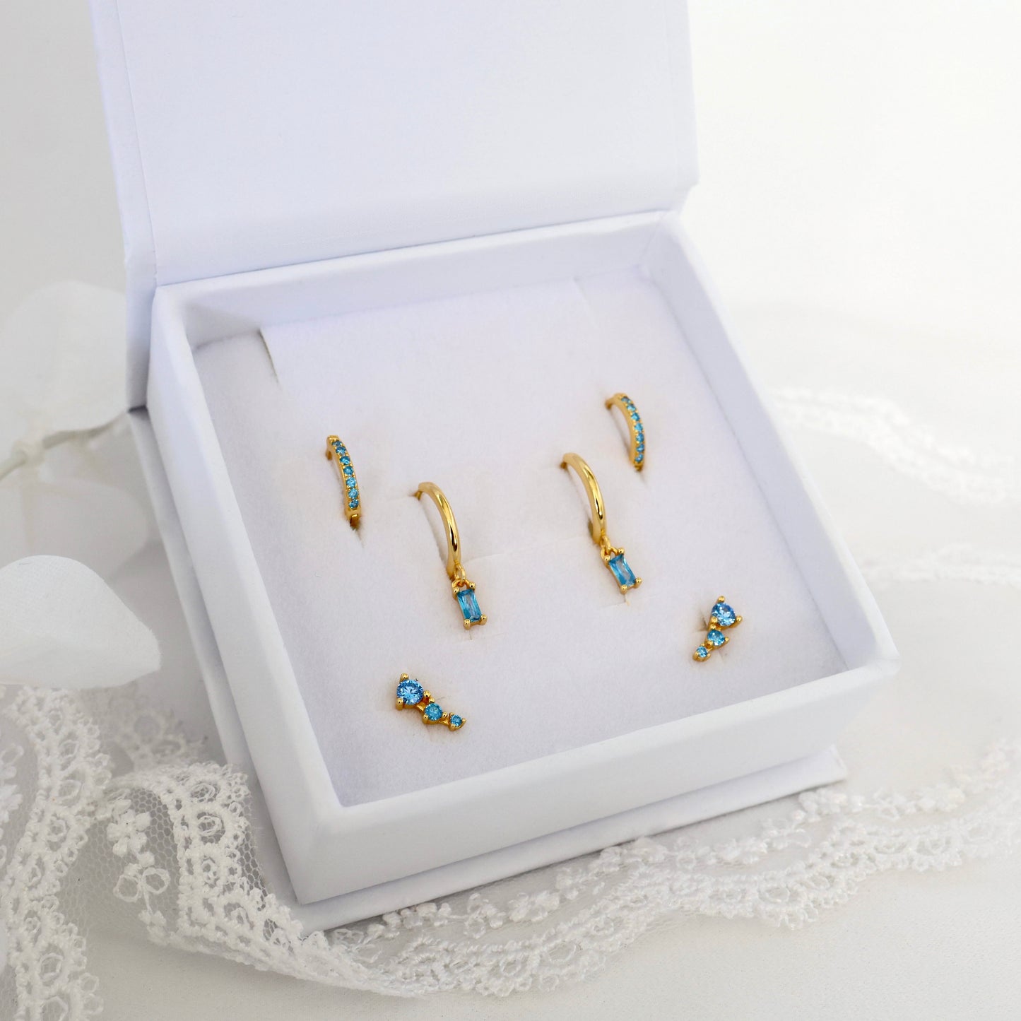 Megan Blue Dangle GOLD Earring 3 Pair Set