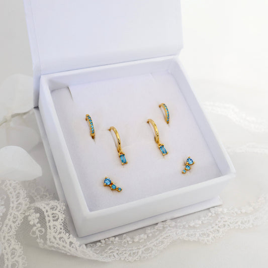 Megan Blue Dangle GOLD Earrings 3 Pair Gift Set