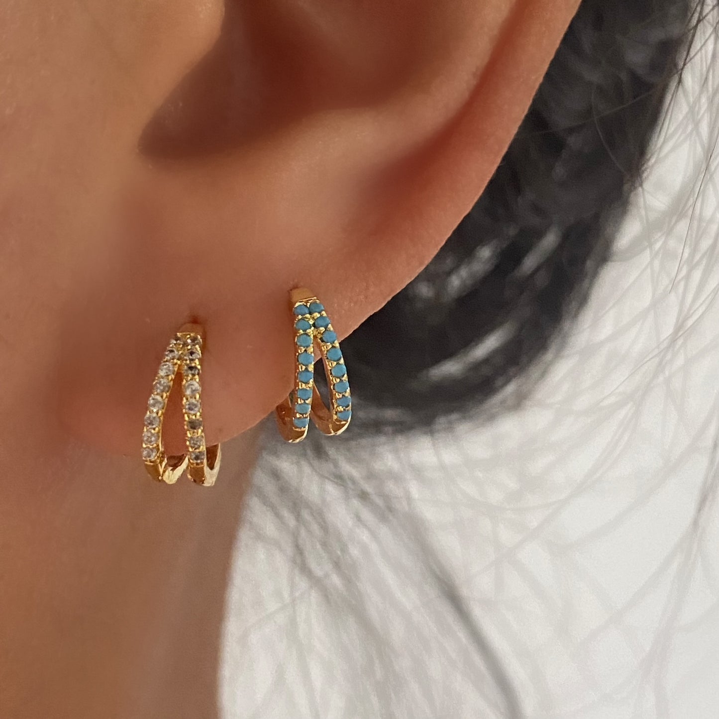 Turquoise Double Hoop Earrings 925 Sterling Silver Huggie