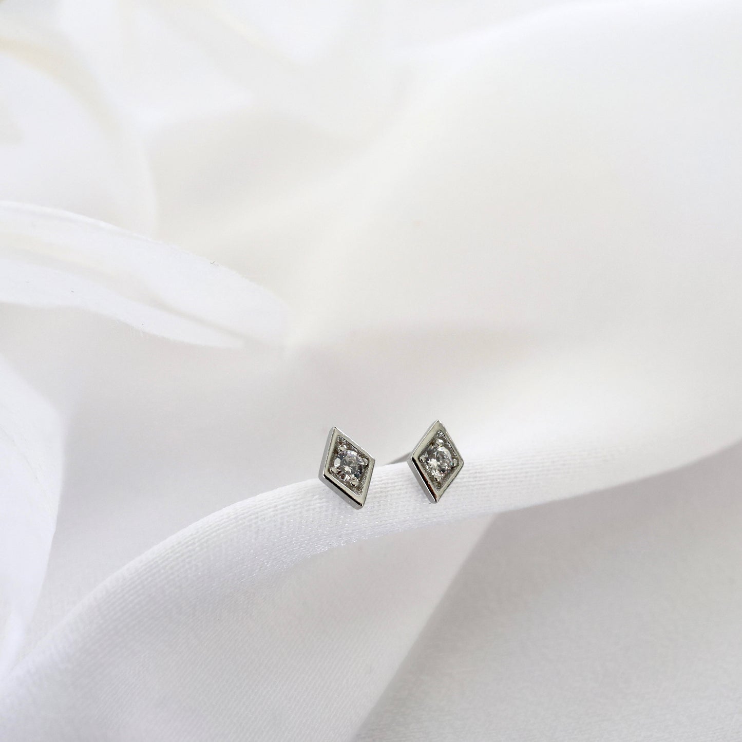 Rhombus Silver CZ Stud Earrings