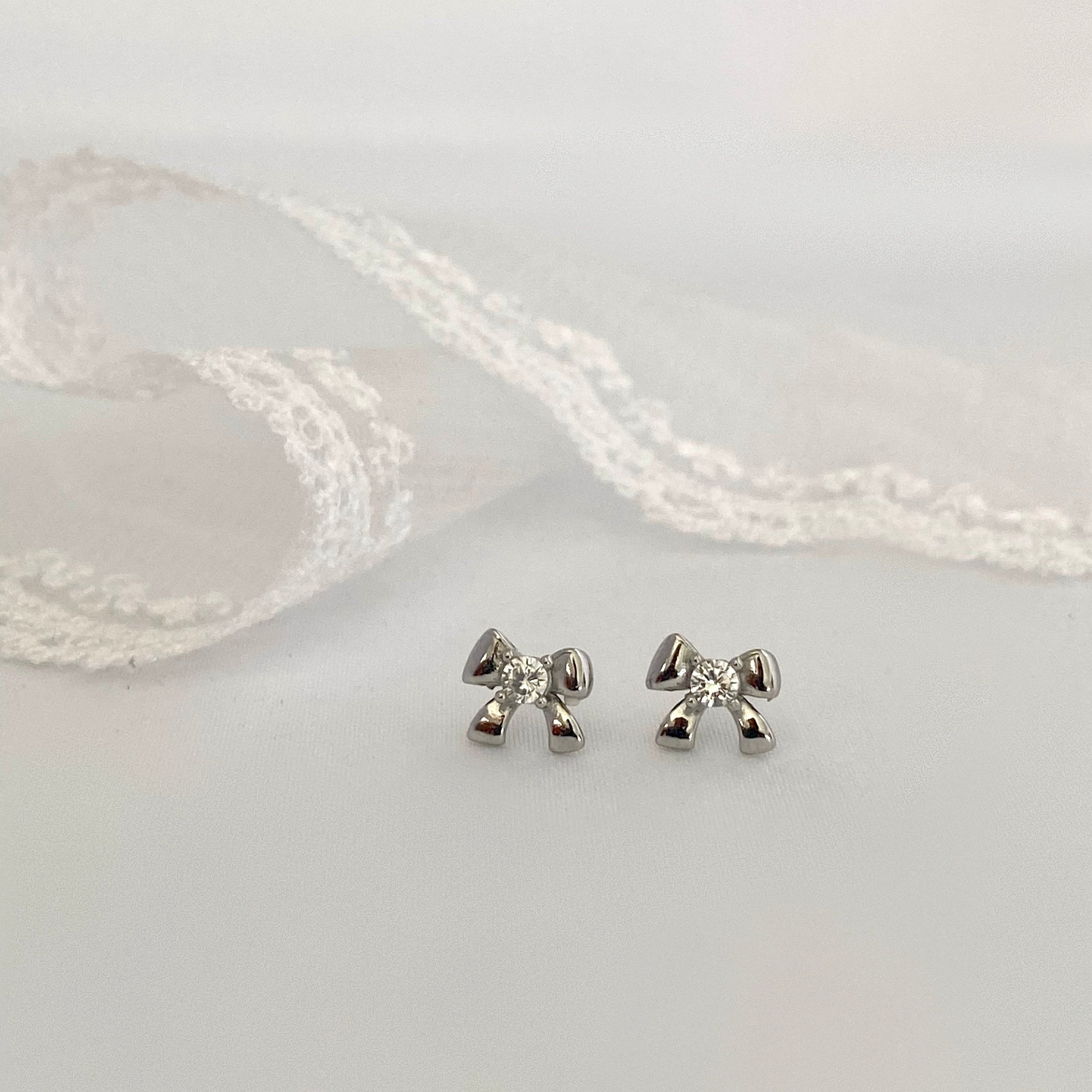 Bow CZ Stud Earrings - Sterling Silver