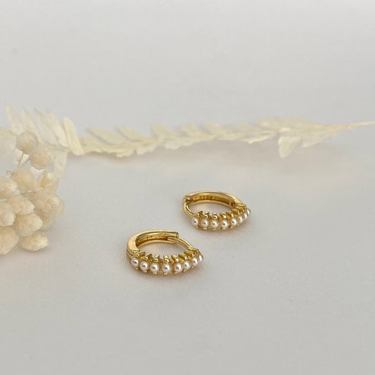 Tiny Pearl Gold Huggie Hoop Earrings