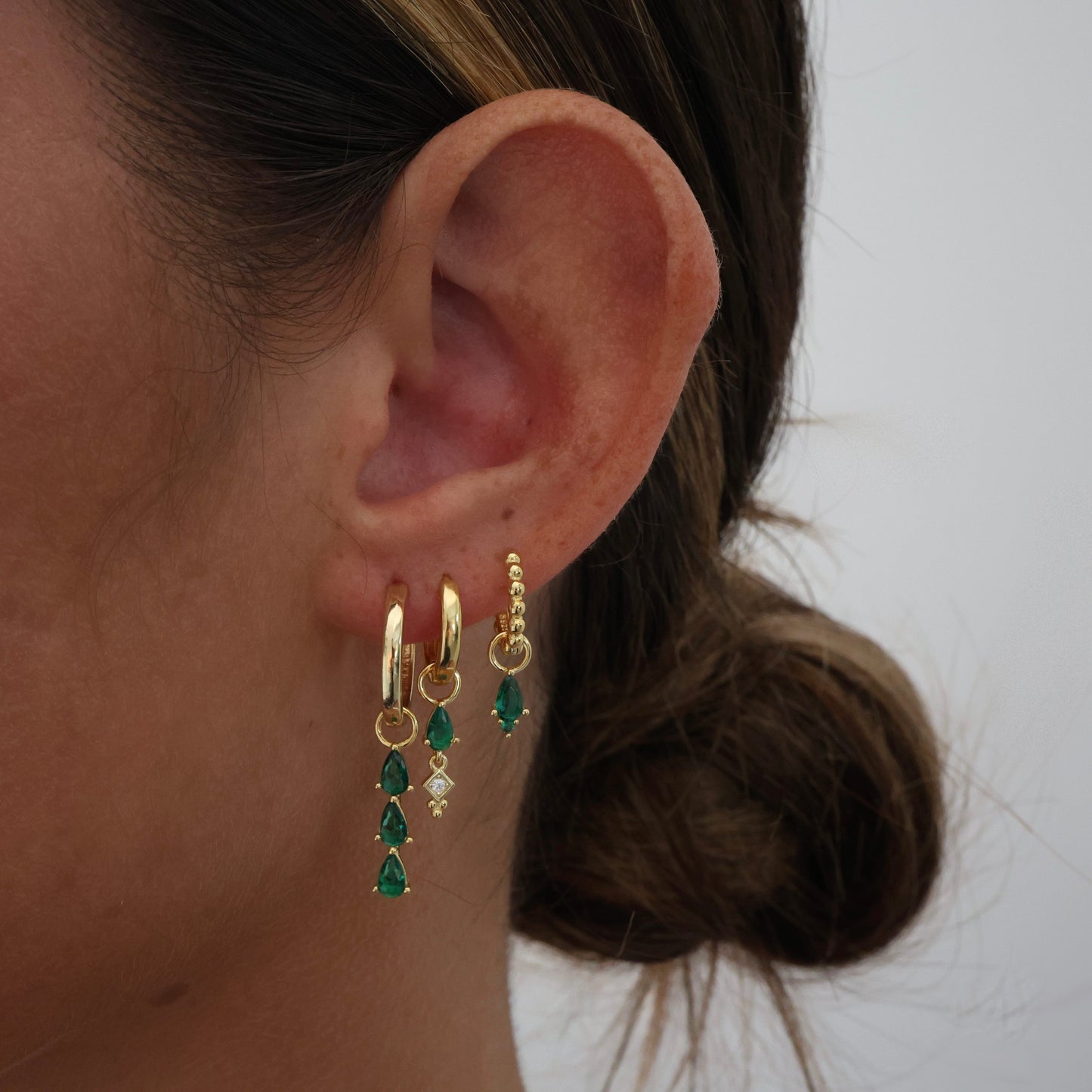 Green 3 Teardrop Dangle Gold earring Stacks