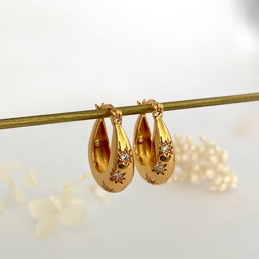 Starburst Waterdrop Gold Hoop Earrings