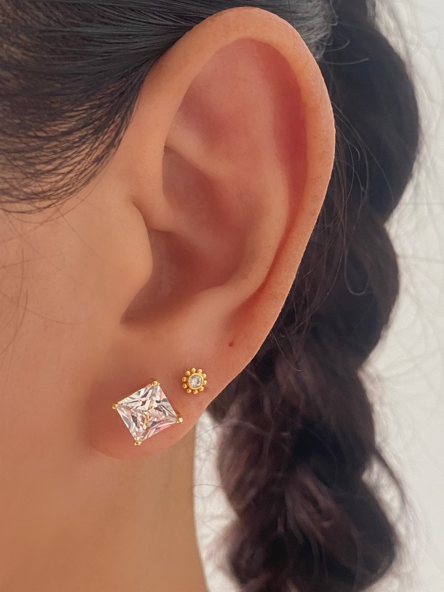 Princess Cut Diamond CZ Gold Stud Earring