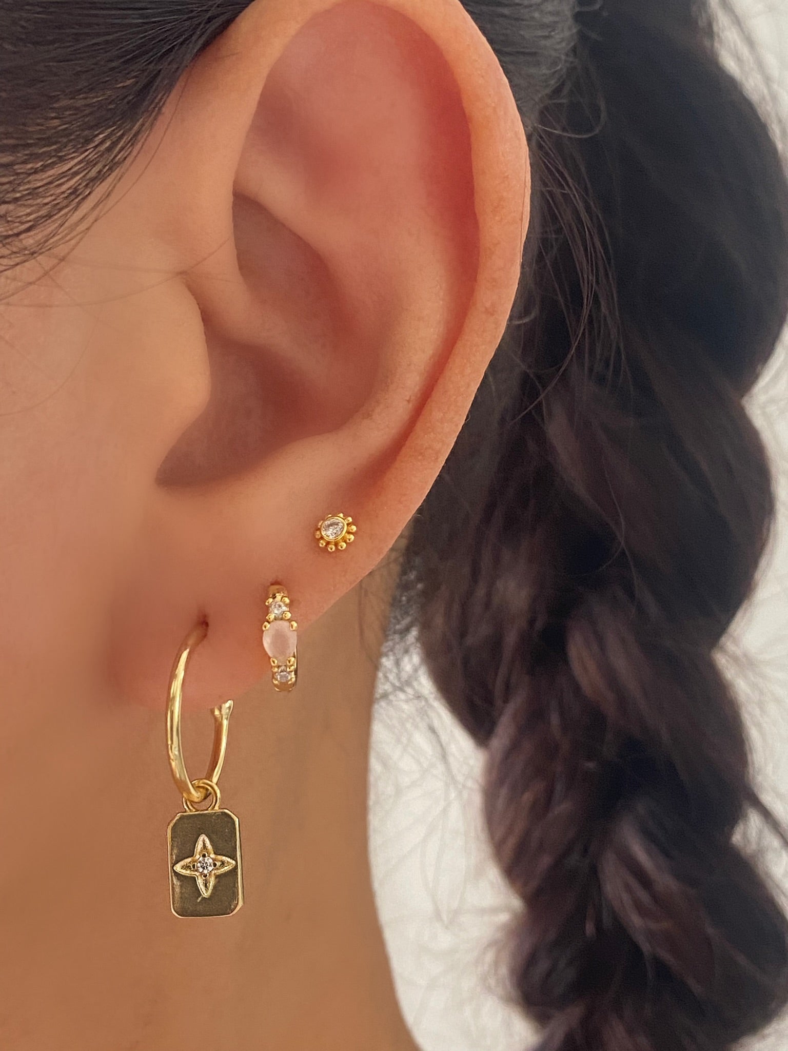 C Hoop Gold Square Dangle Earrings