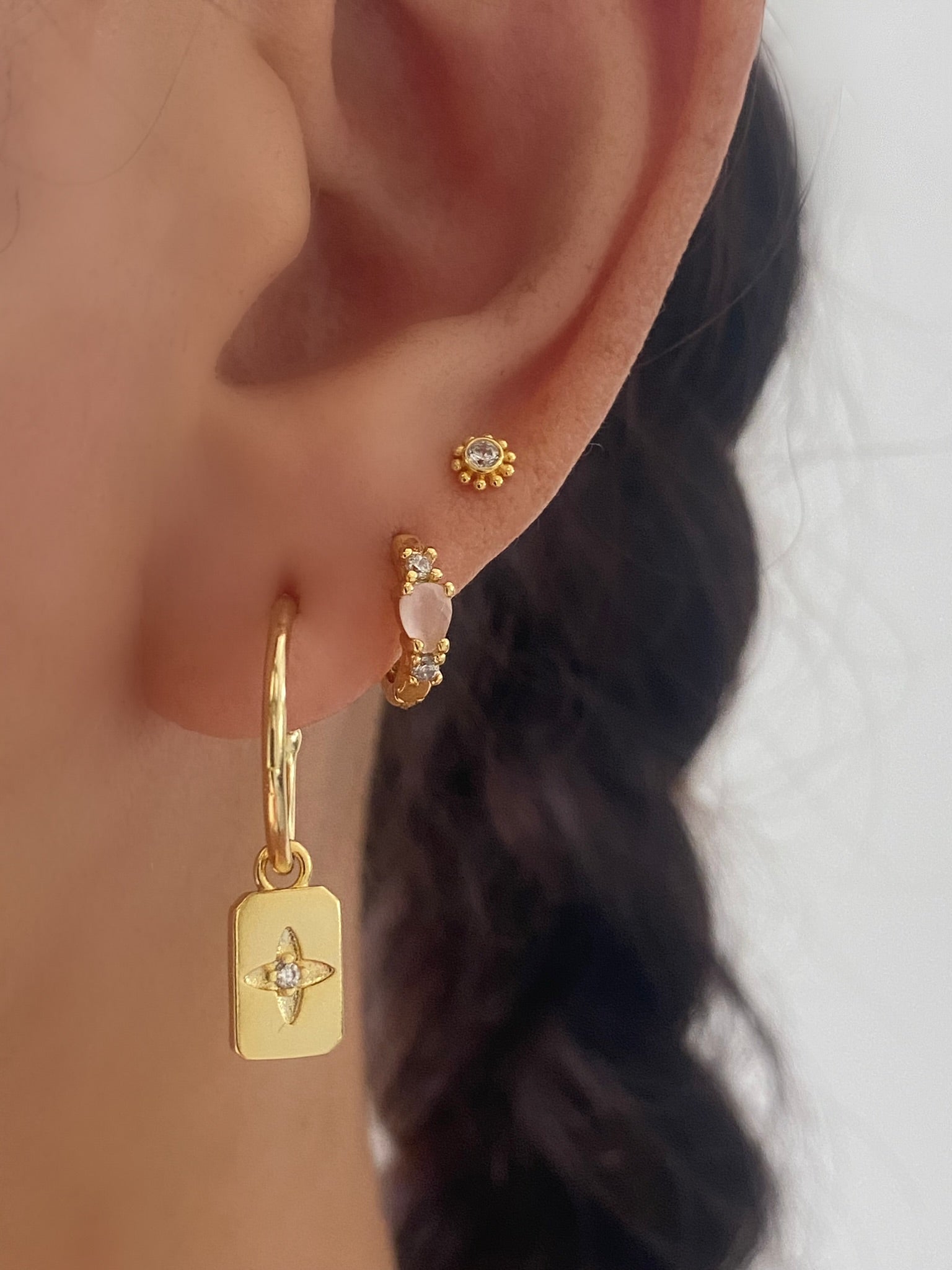 C Hoop Gold Square Dangle Earrings