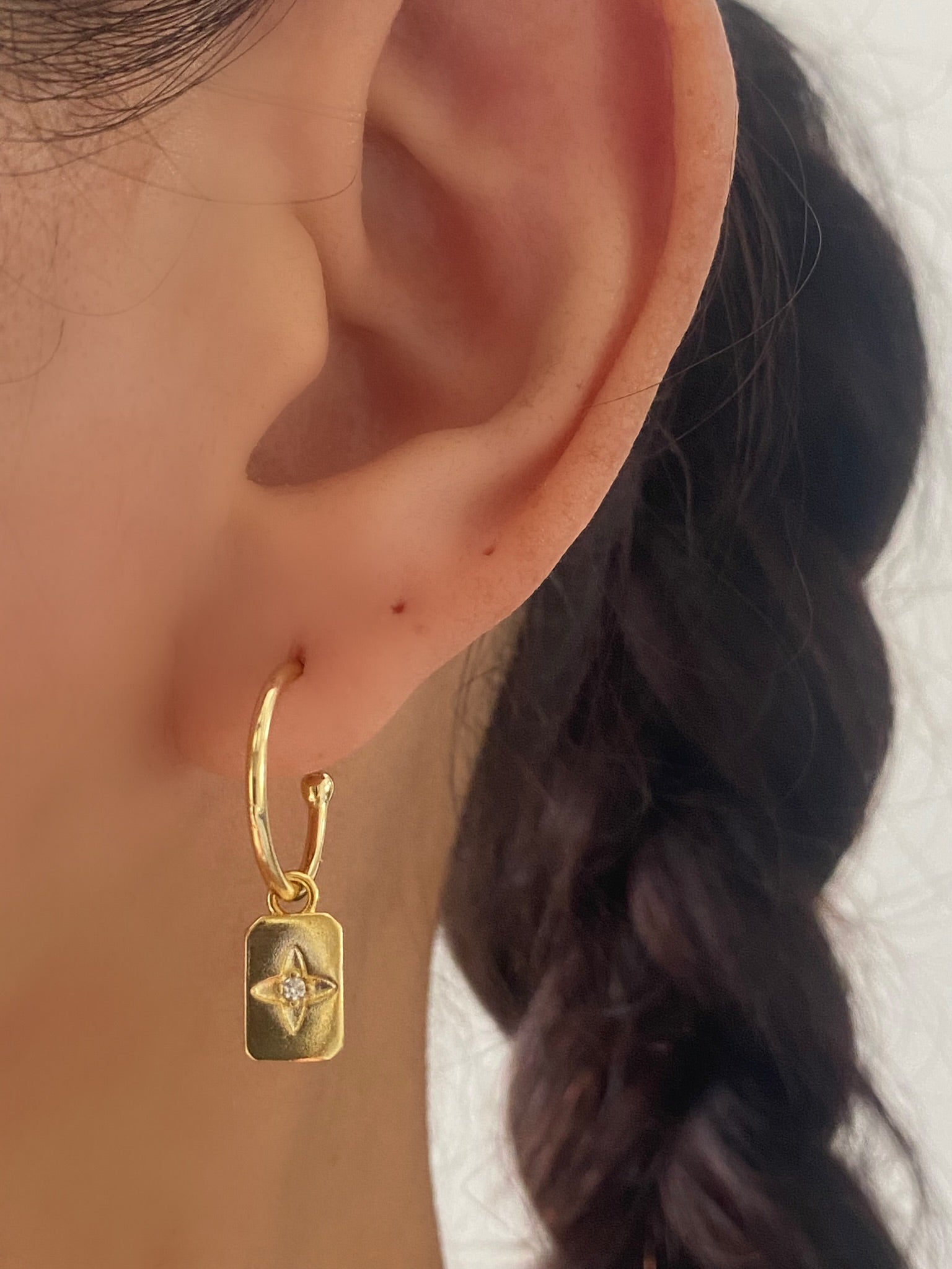 C Hoop Gold Square Dangle Earrings