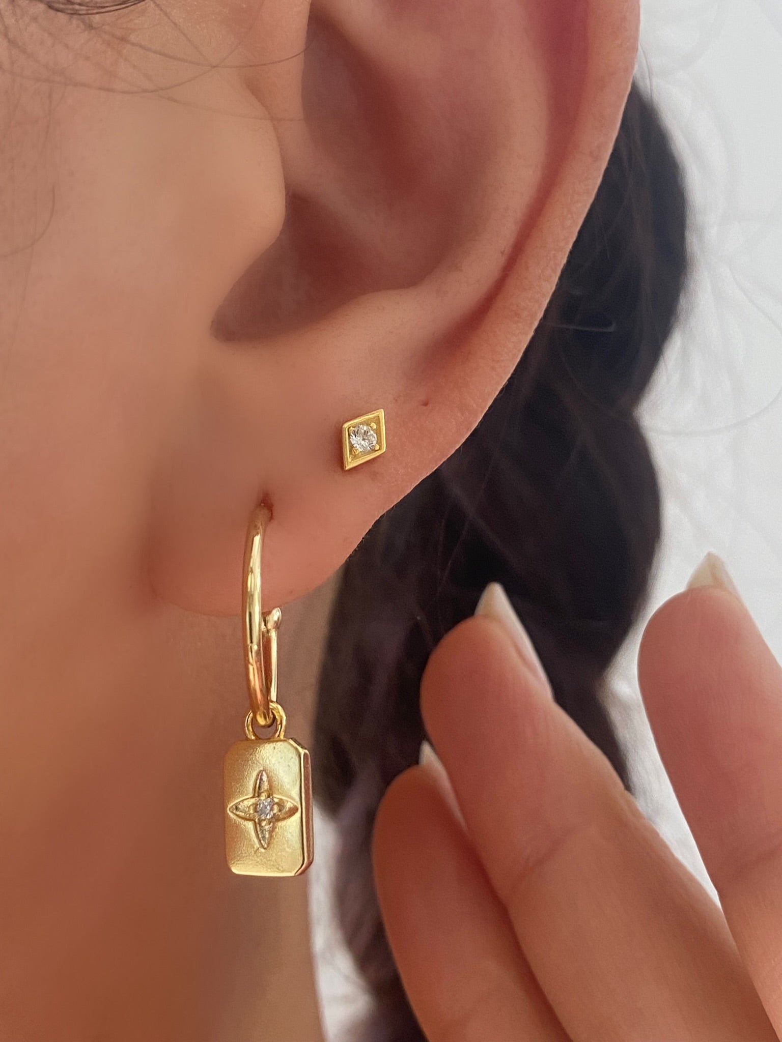 C Hoop Gold Square Dangle Earrings