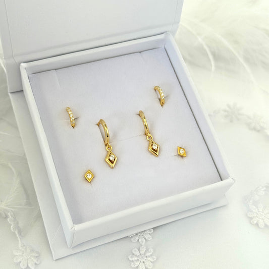 Rhombus Dangle Earrings Gold 3 Pair Gift Box Set