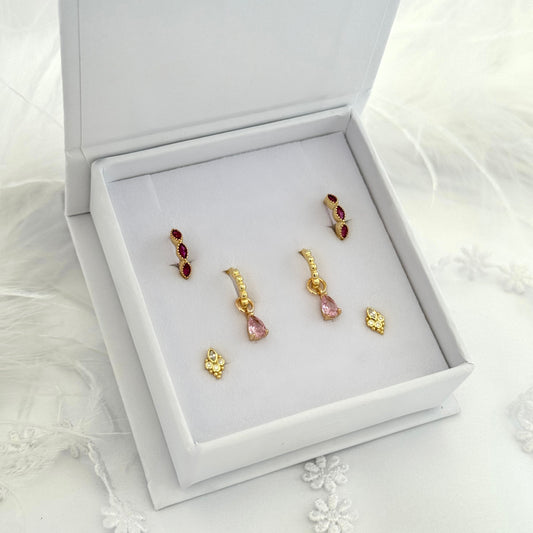 Pink CZ Princess Hoop Earrings 3 Pair Gift Box Set