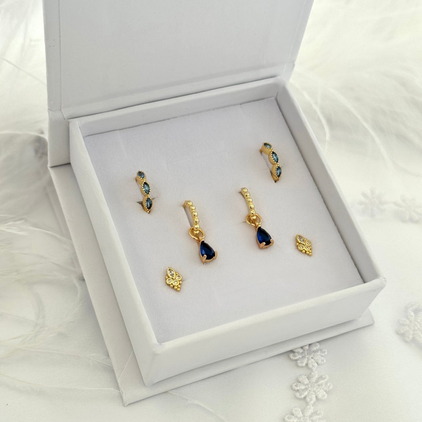 Sapphire CZ Dangle Earrings 3 Pair Gift Box Set