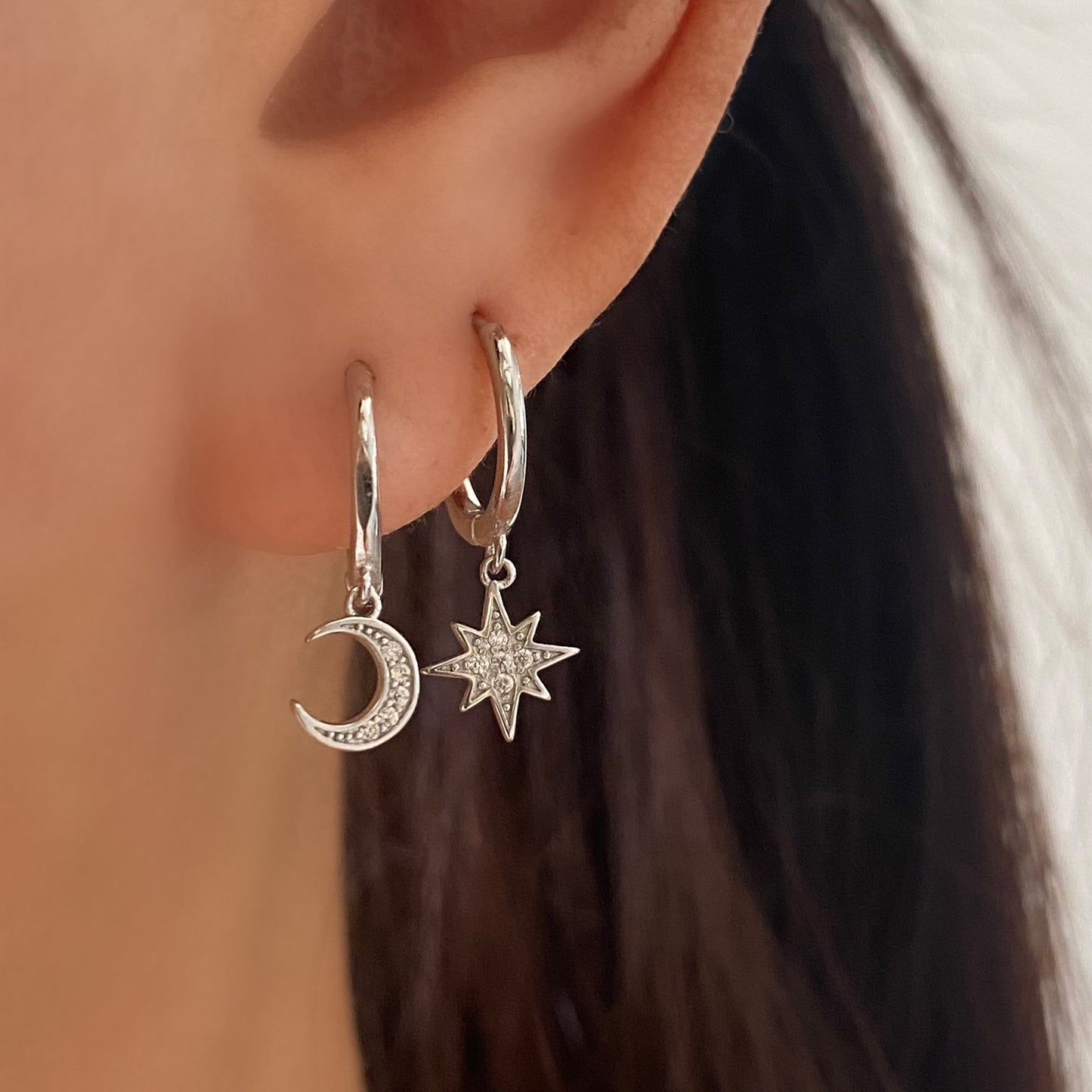 Silver Moon and Star Dangle Earring