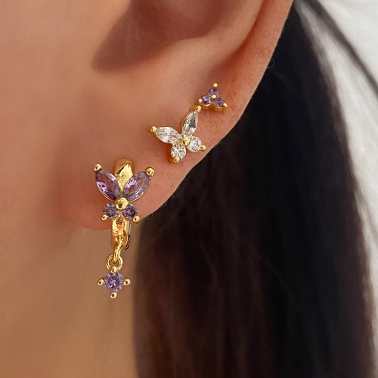 Flower CZ Purple Dangle Earrings