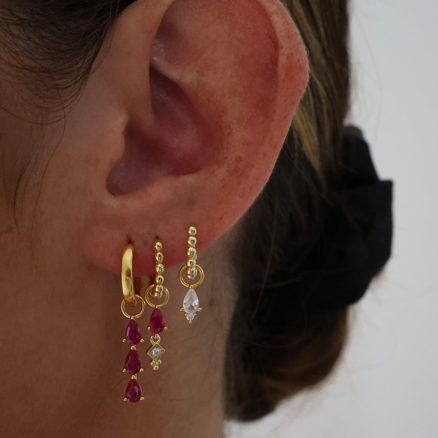 Pink 3 Teardrop Dangle Gold earring Stacks