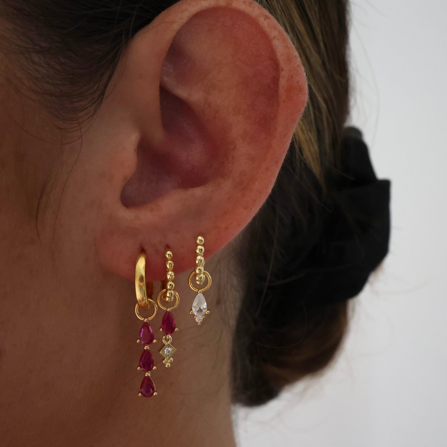 Pink 3 Teardrop Dangle Gold earring Stacks