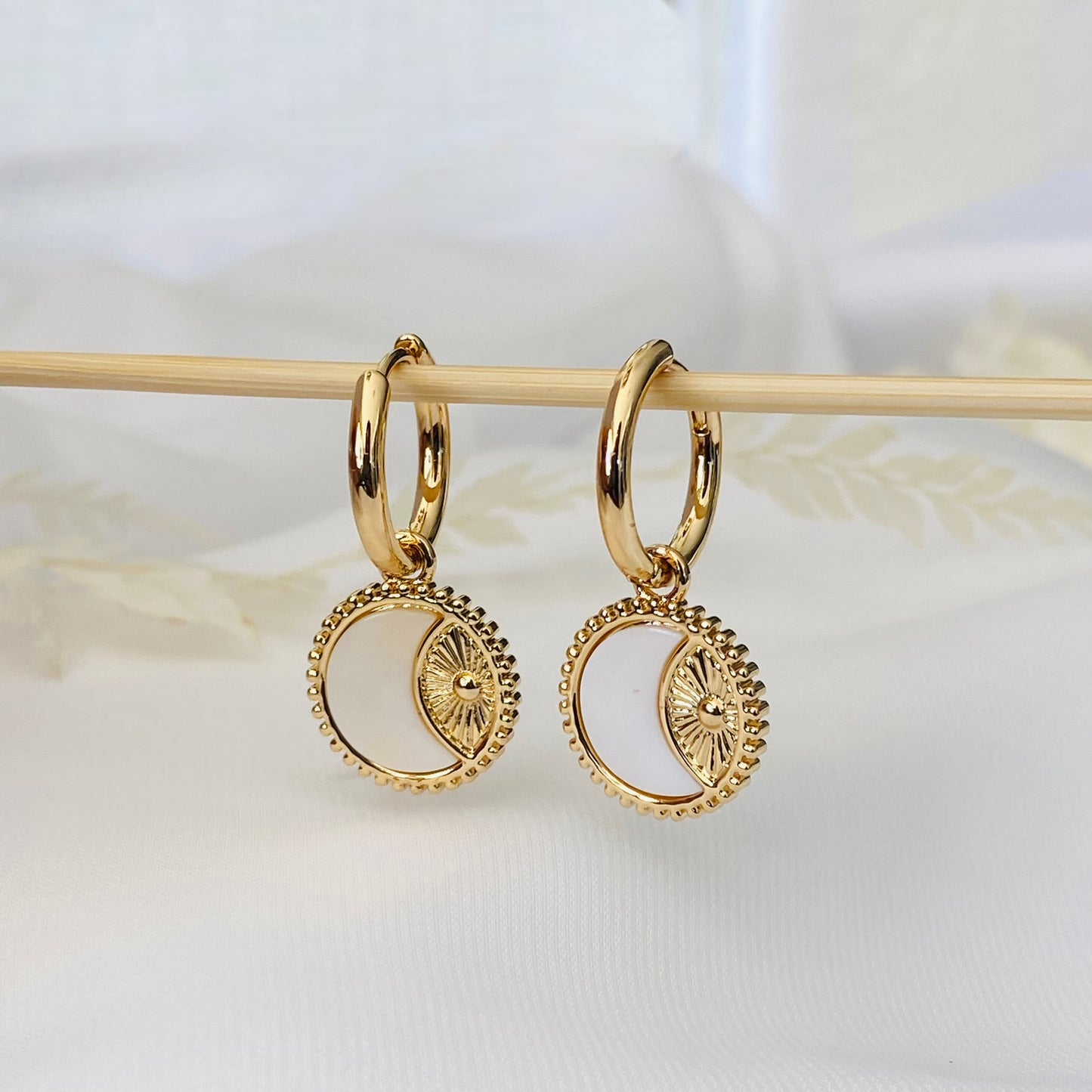 Gold Hoop with Moon Shell Charm