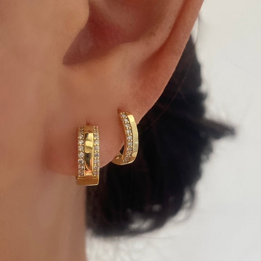 4mm Gold Hoop 2 Side Pave Earrings