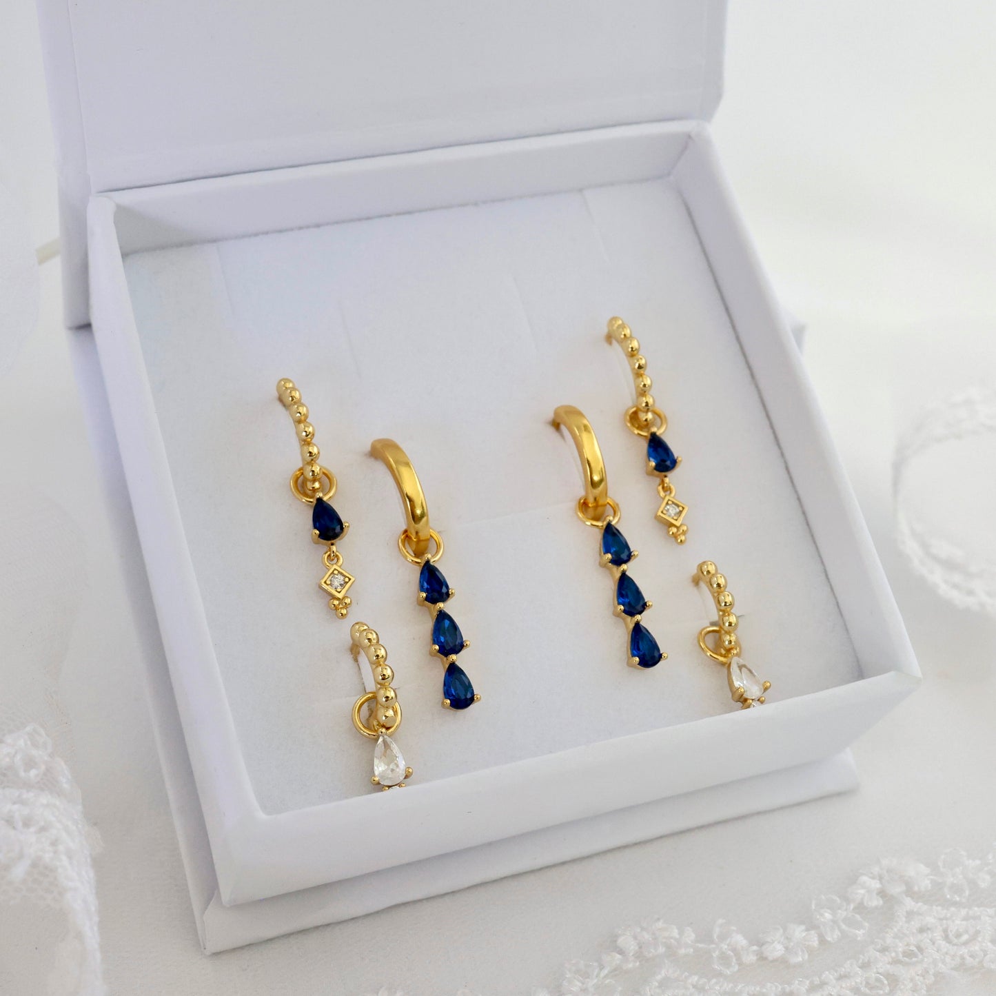 Blue 3 Teardrop Dangle Gold earring Stacks