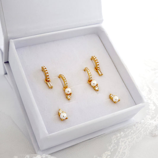 Luna Pearl Huggie Dangle Earrings Gift Set GOLD