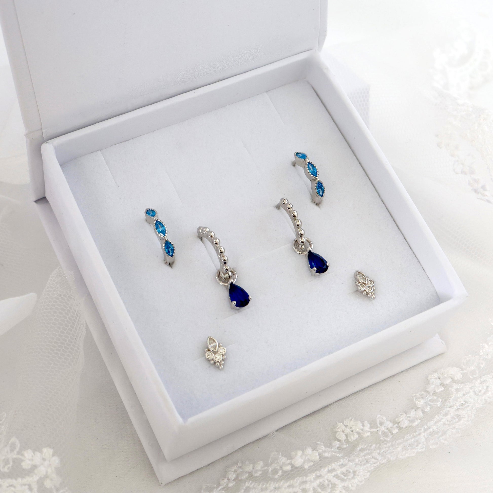 Sapphire CZ Dangle Earrings 3 Pair Gift Box Set SILVER