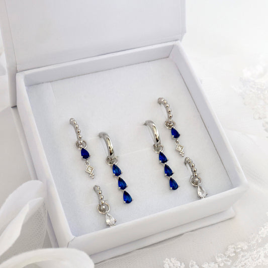 Blue 3 Teardrop Dangle SILVER earring Stacks