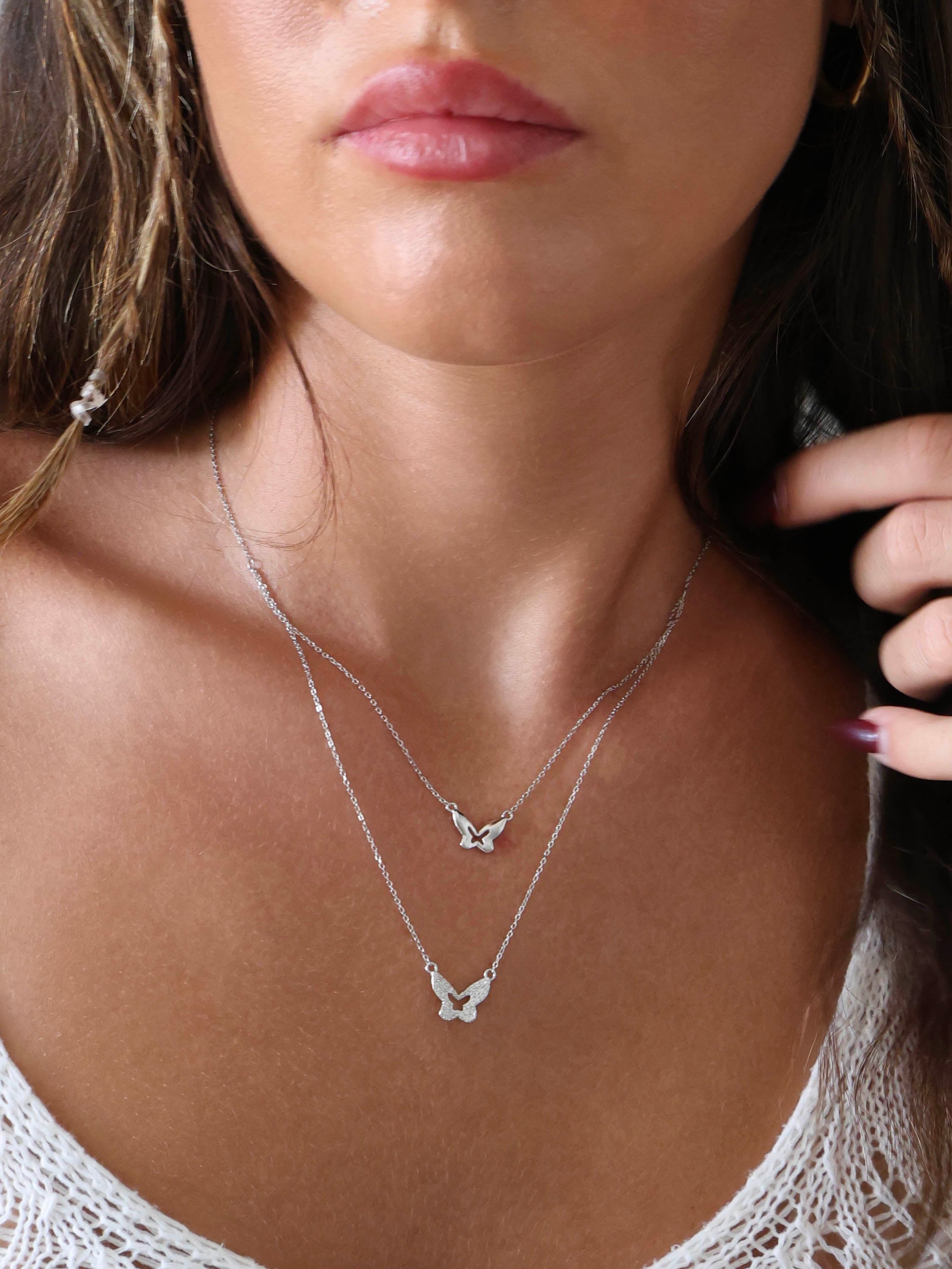 Asrai Butterfly Double Layered Necklace Sterling Silver-Silver