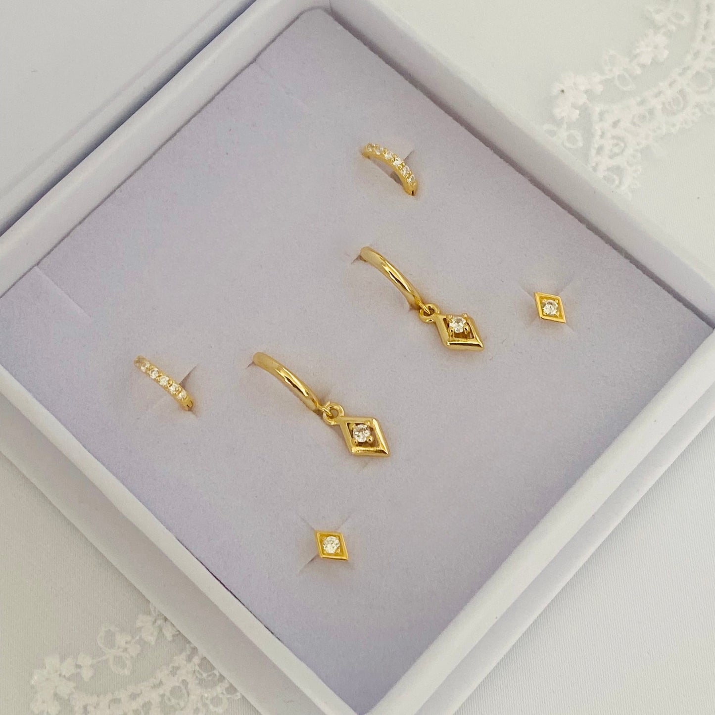 Rhombus Dangle Earrings Gold 3 Pair Gift Box Set