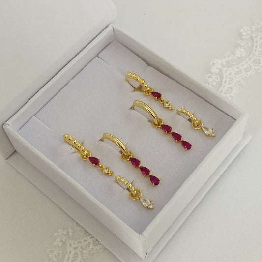 Pink 3 Teardrop Dangle Gold Earring Gift Box Set