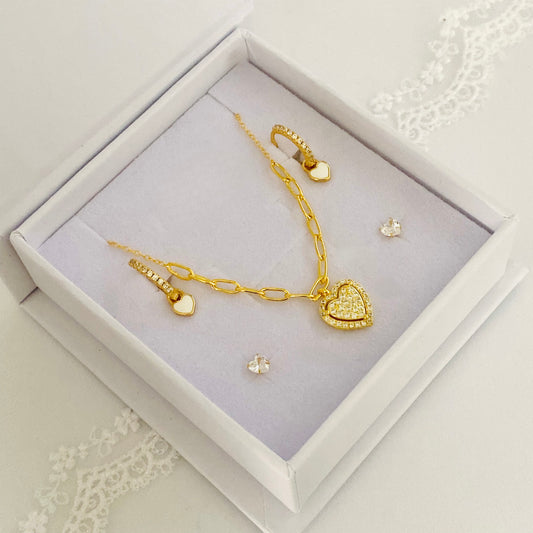 CZ Love Heart Pendant Gold Necklace Gift Box Set