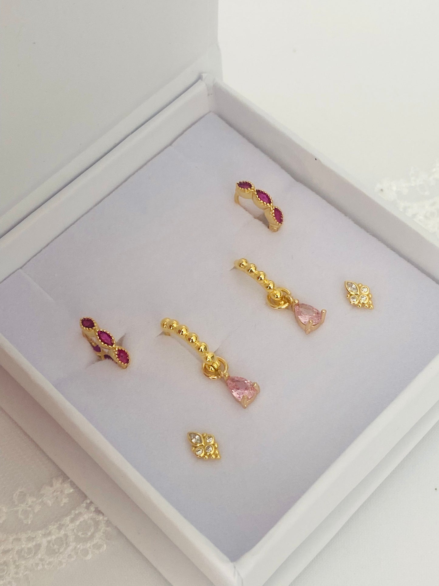 Pink CZ Princess Hoop Earrings 3 Pair Gift Box Set