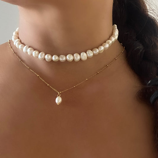Natural White Pearl Necklace Chocker with Stainless Steel 34cm 39cm