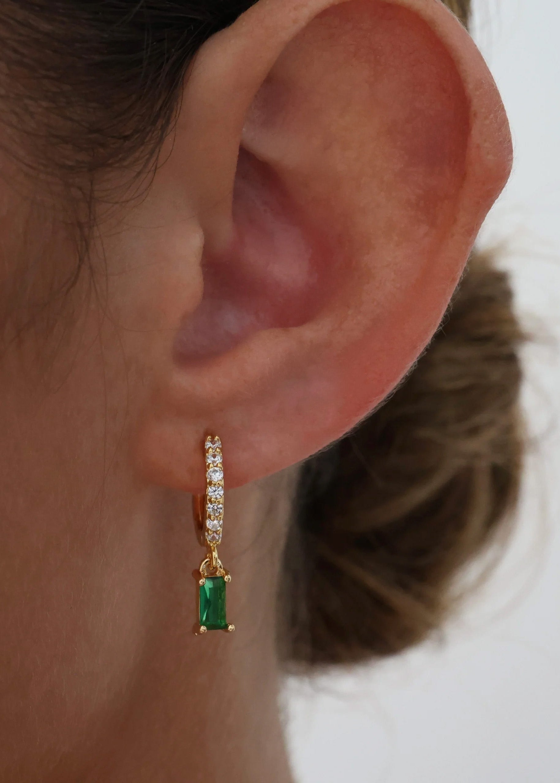 Skinny Baguette Gemstone Pave Hoop Earrings