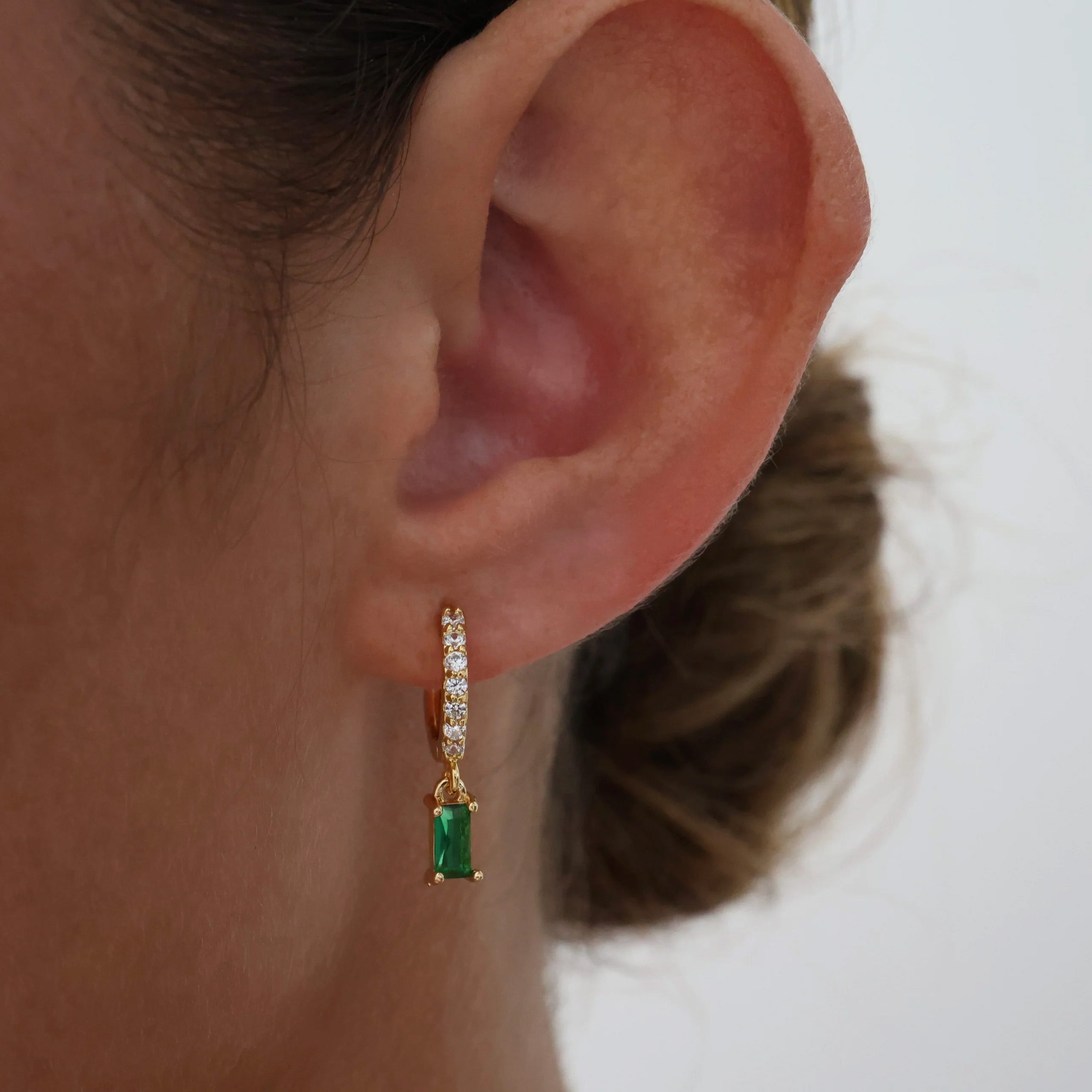 Skinny Baguette Gemstone Pave Hoop Earrings